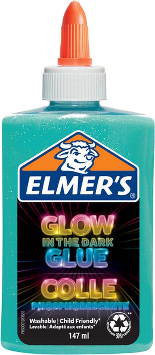 Elmers in het donker oplichtende vloeibare lijm | blauw | 147 ml | uitwasbaar en kindvriendelijk | geweldig om slijm mee te maken en te knutselen